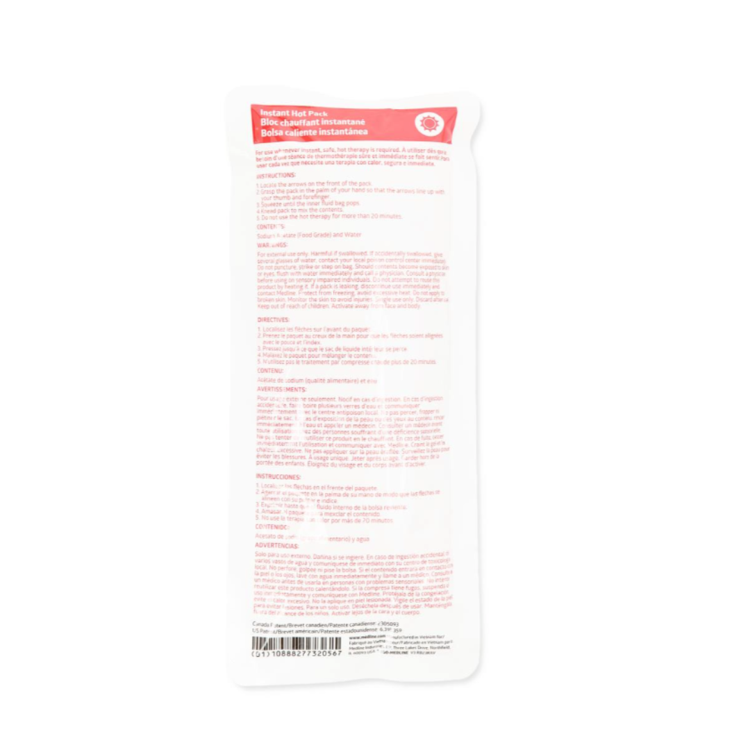 A white, rectangular packet labeled "Medline Instant Hot Packs" displays pink and white product information and instructions, including activation steps for providing instant therapeutic warmth.