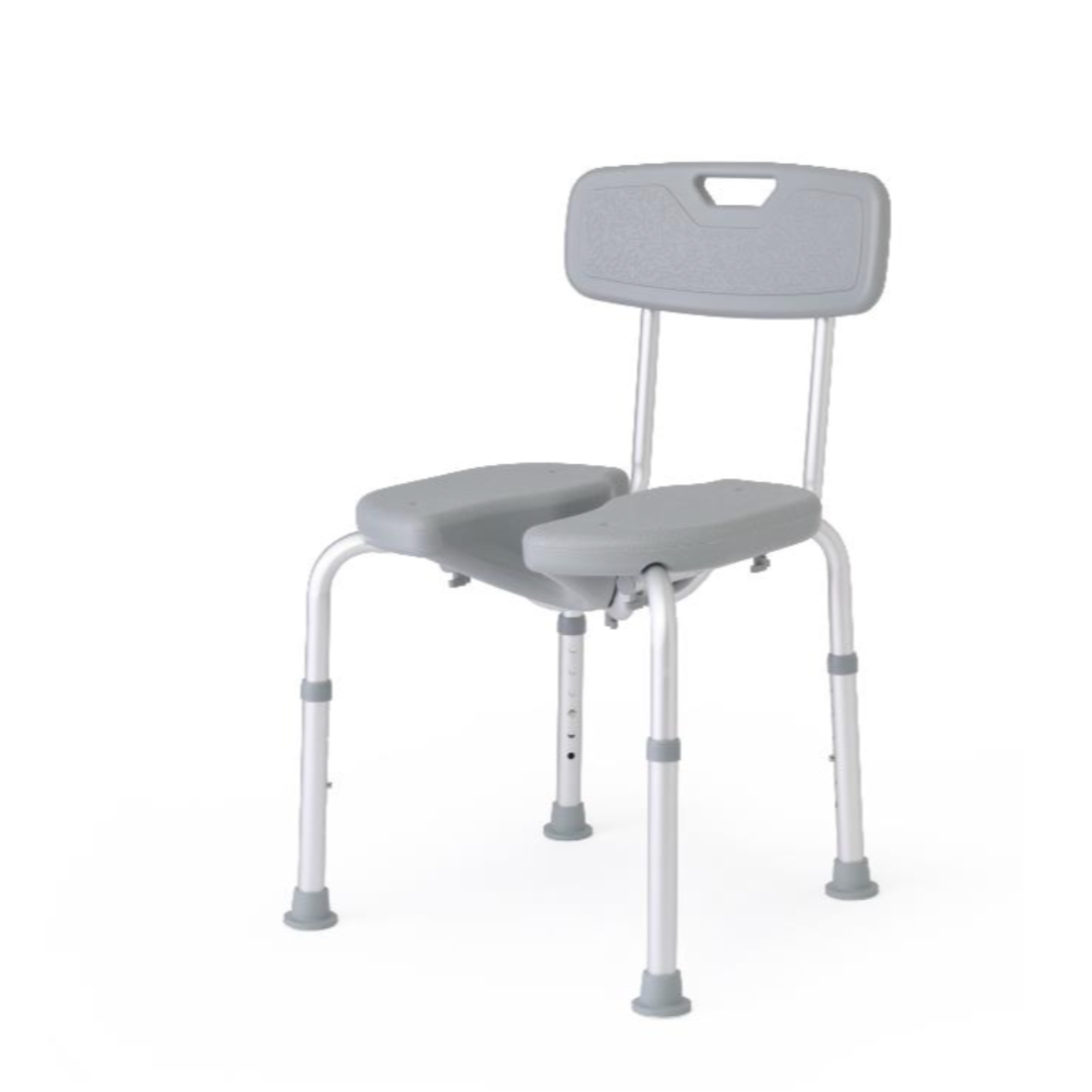 The Medline Knockdown Shower Chair with Cutout features a gray split seat, backrest with handle cutout, and four adjustable legs with rubber tips, offering both safety and comfort.