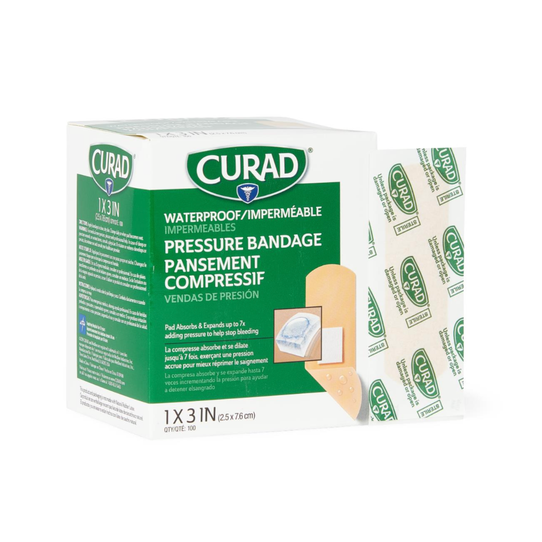 A box of Medline Large Adhesive Pressure Bandages is pictured with one bandage partially removed, showing the adhesive bandage and its wrapper next to the box.