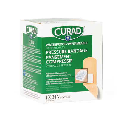 A box of Medline Large Adhesive Pressure Bandages, 1 x 3 inches, contains 100 bandages. The white and green packaging features English and French text with an image of the bandage on the front.