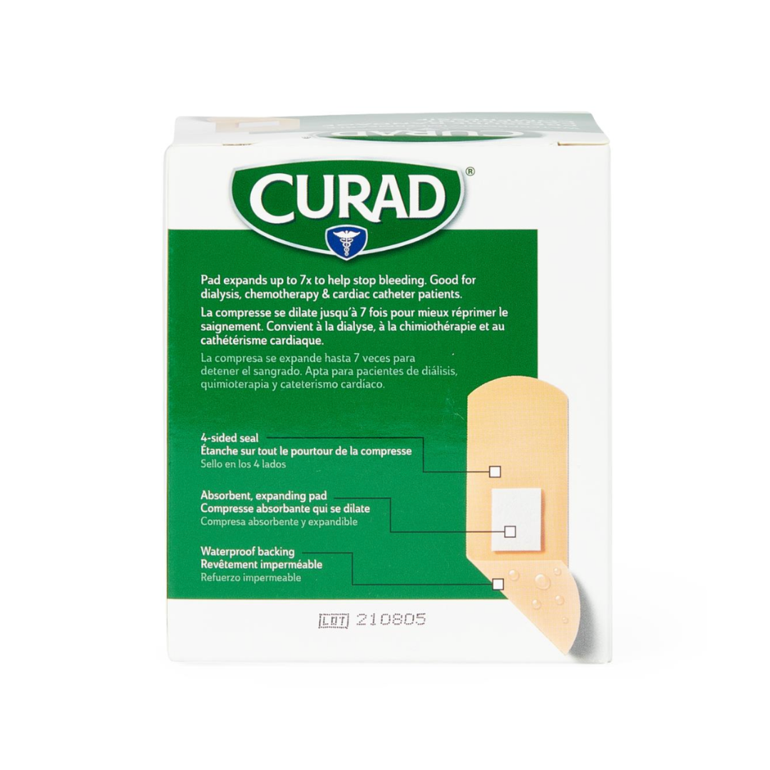 Box of Medline Large Adhesive Pressure Bandages with English and French features: expanding pad for bleeding, secure seal, absorbent, waterproof backing. Illustration of an adhesive pressure bandage is shown on the right side.