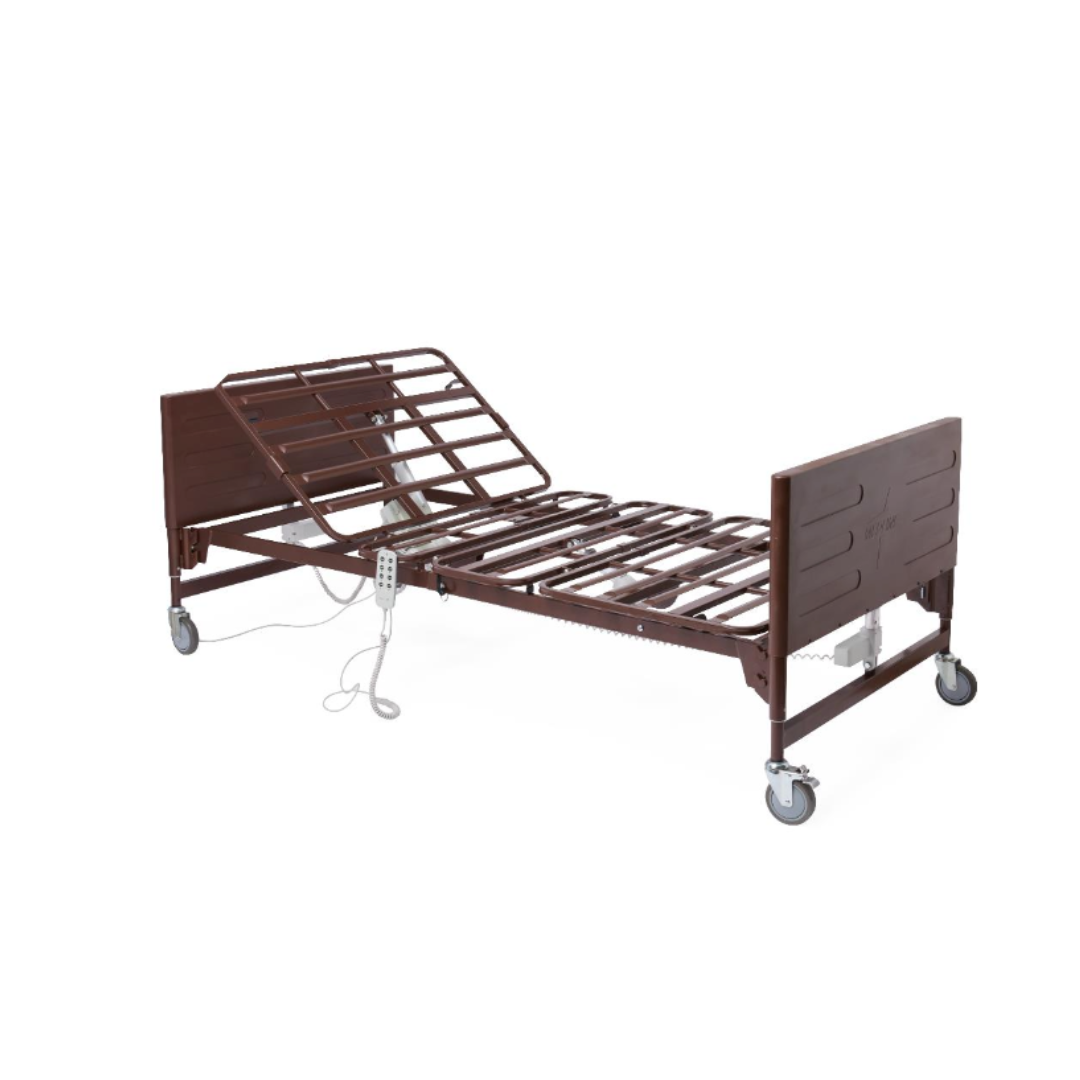 The Medline Lightweight Bariatric Full Electric Homecare Bed features a sturdy metal frame, adjustable head section, remote control, caster wheels, and brown finish—ideal for medical or home care settings.