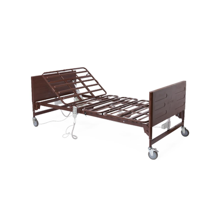 The Medline Lightweight Bariatric Full Electric Homecare Bed features a sturdy metal frame, adjustable head section, remote control, caster wheels, and brown finish—ideal for medical or home care settings.