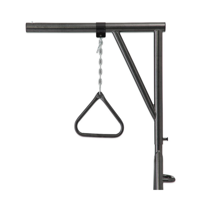 The Medline Freestanding Bariatric Trapeze with Wheels features a metal bar with a triangular handle hanging from a chain on a sturdy wheeled frame, ideal for bariatric home care, shown against a white background.