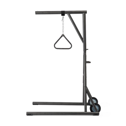 The Medline Freestanding Bariatric Trapeze with Wheels features a sturdy black metal frame, heavy-duty support, two base wheels, a handle, and a center hanging chain with triangular grip—ideal for bariatric home care.