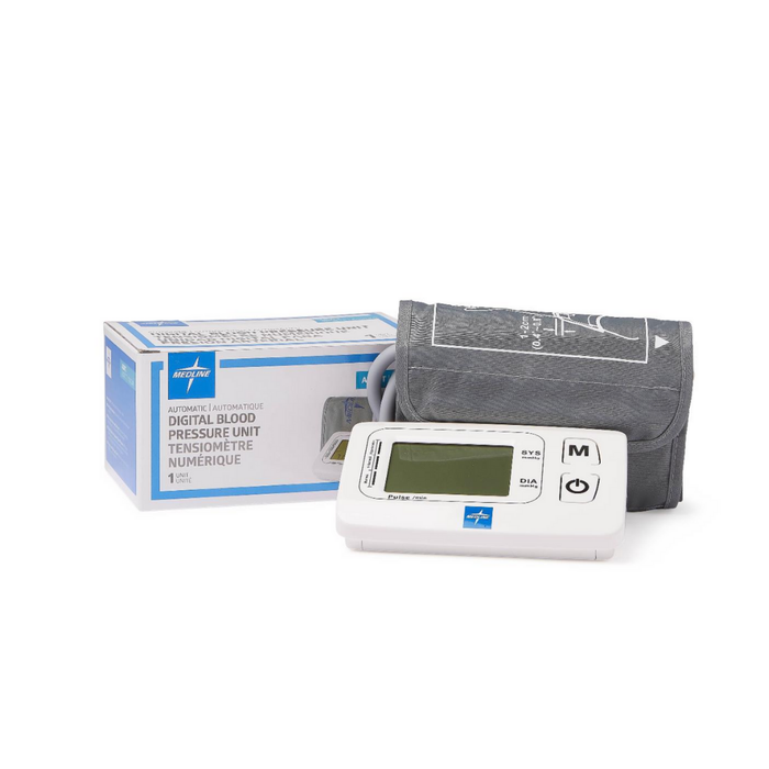 The Medline Automatic Digital Blood Pressure Unit With Talking Feature is shown with its blue and white box. It has a digital display for systolic and diastolic readings, M and SET buttons, and a gray cuff with printed instructions.