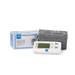 The Medline Automatic Digital Blood Pressure Unit With Talking Feature is shown with its blue and white box. It has a digital display for systolic and diastolic readings, M and SET buttons, and a gray cuff with printed instructions.