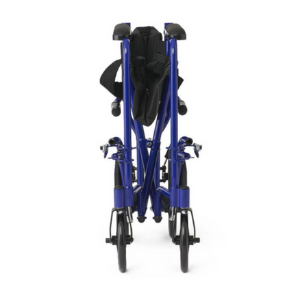 A compact Medline Basic Aluminum Transport Chair, seen front-folded, highlights its easy storage design. Made from durable aluminum, it features a black seat and backrest with four small wheels for smooth mobility.