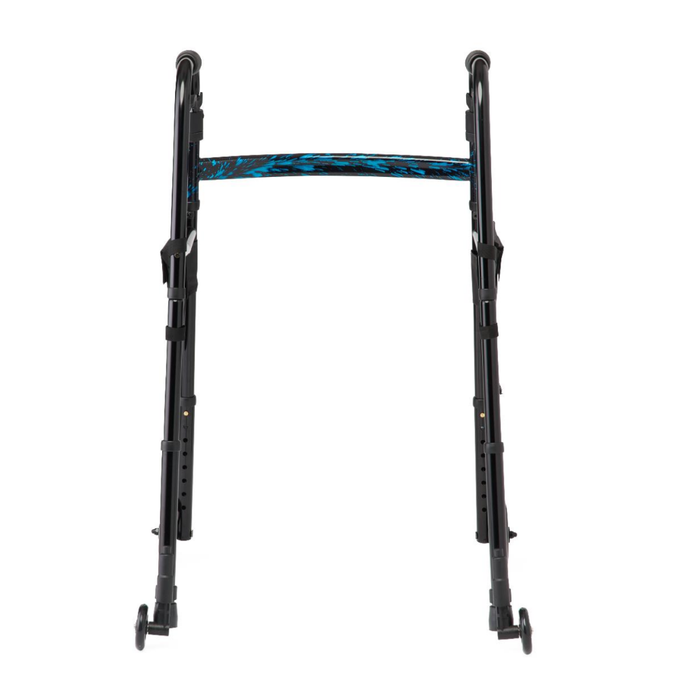 The Medline Folding Trigger Walker with 5 wheels and side bags, featuring a blue patterned horizontal bar, is shown from the front against a white background.