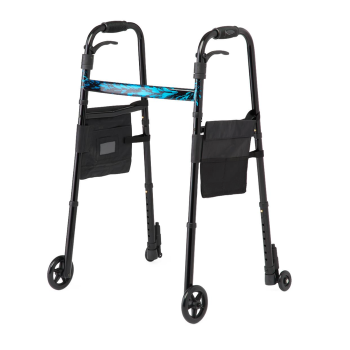 The Medline Folding Trigger Walker with 5 wheels features side bags, a black frame, a blue patterned horizontal bar, height-adjustable legs, and ergonomic hand grips for comfort.