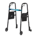 The Medline Folding Trigger Walker with 5 wheels features side bags, a black frame, a blue patterned horizontal bar, height-adjustable legs, and ergonomic hand grips for comfort.
