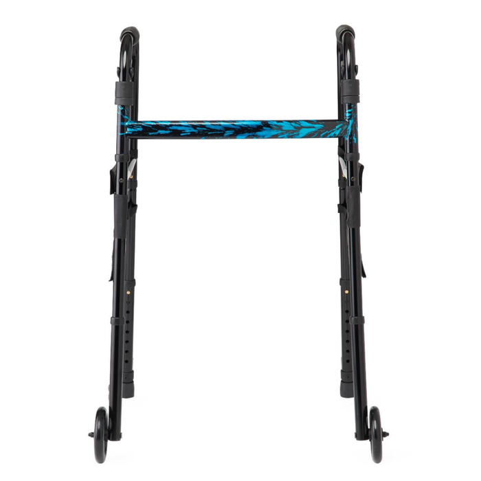 The Medline Folding Trigger Walker with 5 wheels and side bags has black, height-adjustable legs and blue camouflage detailing on the horizontal bar. It stands upright on a white background.