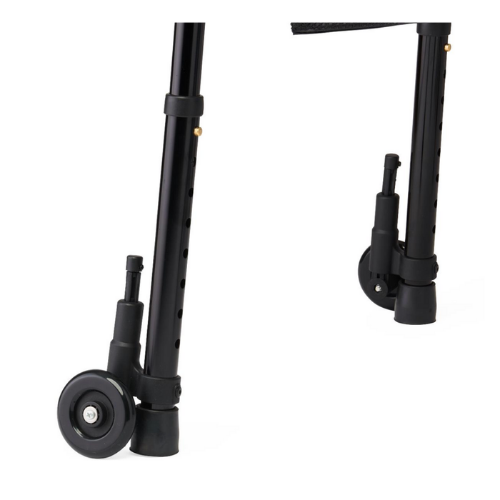Close-up of two height-adjustable black metal legs with 5 wheels and rubber tips from the Medline Folding Trigger Walker with Side Bags, shown from various angles on a white background.
