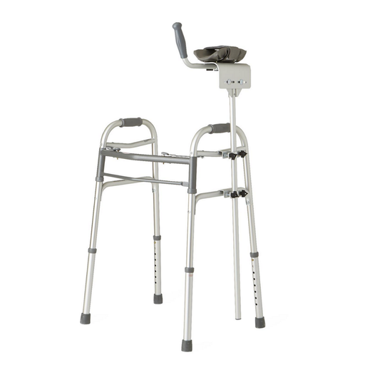 The Medline Walker Platform Attachment is a silver metal accessory with four legs, rubber tips, a high armrest, and an adjustable forearm support handle for enhanced stability.