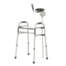 The Medline Walker Platform Attachment is a silver metal accessory with four legs, rubber tips, a high armrest, and an adjustable forearm support handle for enhanced stability.