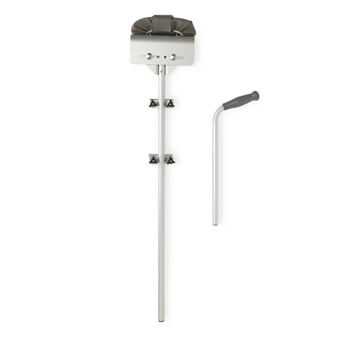 The Medline Walker Platform Attachment is a silver, wall-mounted grab bar system with a padded headrest, curved handle, and high armrest support for enhanced bathroom safety—perfect as a Guardian Walker accessory for reliable forearm support.