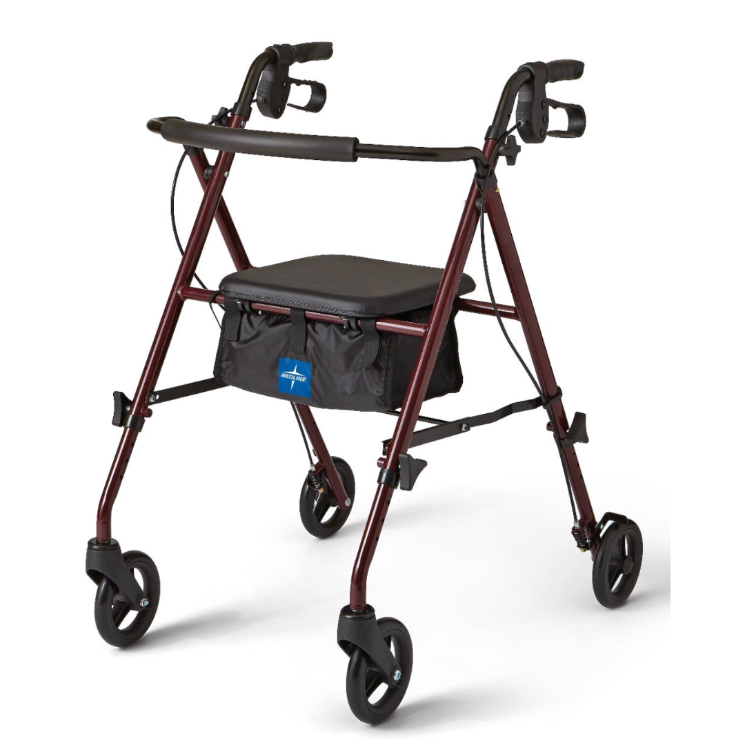 The Medline Superlite Folding Steel Rollator is an ultra-lightweight, burgundy mobility aid with a compact folding design, padded seat, and black under-seat bag. It features four wheels, ergonomic handles with brakes, and height-adjustable arms and legs for tailored support.