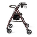 The Medline Superlite Folding Steel Rollator is a red, four-wheeled walker with black handlebars, a seat, and an under-seat storage pouch. It features a compact folding design with ultra-lightweight steel, height-adjustable arms and legs, plus handle brakes for safety.