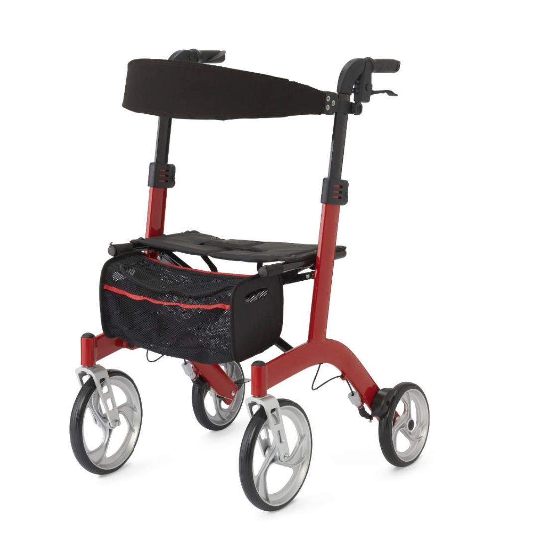 Meet the Medline European-Style Aluminum Ultralite Rollator: a sleek red and black walker with four wheels, a seat, under-seat mesh bag, adjustable handles, hand brakes, and large front wheels. Lightweight yet durable, it offers easy movement and modern design flair.