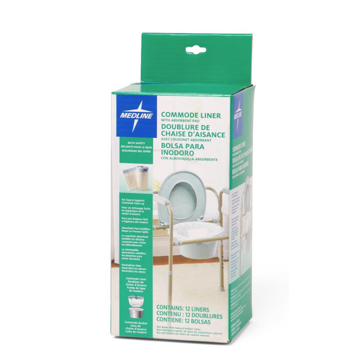 The Medline Commode Liners with Absorbent Pad box displays green and blue visuals of disposable liners. It offers details in English, French, and Spanish on 12 liners for hygienic commode chair waste management.