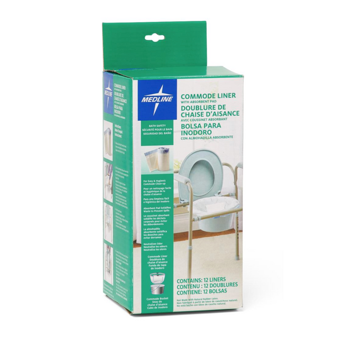 The image shows a green and white box of Medline Commode Liners with Absorbent Pad, featuring English and French descriptions. It contains 12 liners for hygienic waste management, designed for convenient use with commodes.