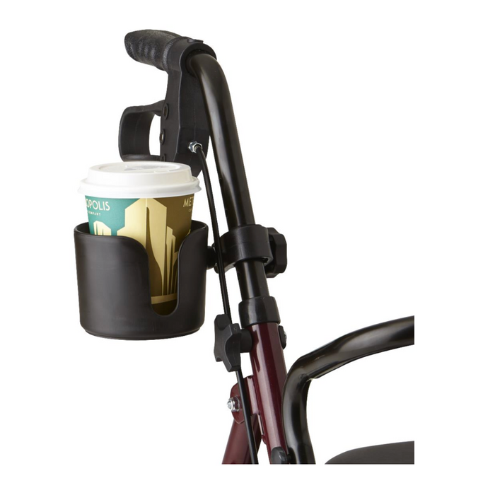 A burgundy walker with a Medline Cup and Cane Holder Combo Pack, including a black drink holder attached to the handle with a disposable coffee cup and white lid, illustrating practical rollator accessories.