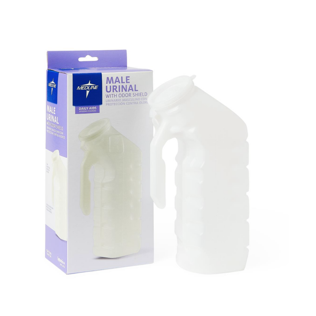 A translucent Medline Portable Male Urinals with Splash-Proof Lid is pictured beside its blue and white box—designed for convenient bedside use, featuring a handle for easy carrying.
