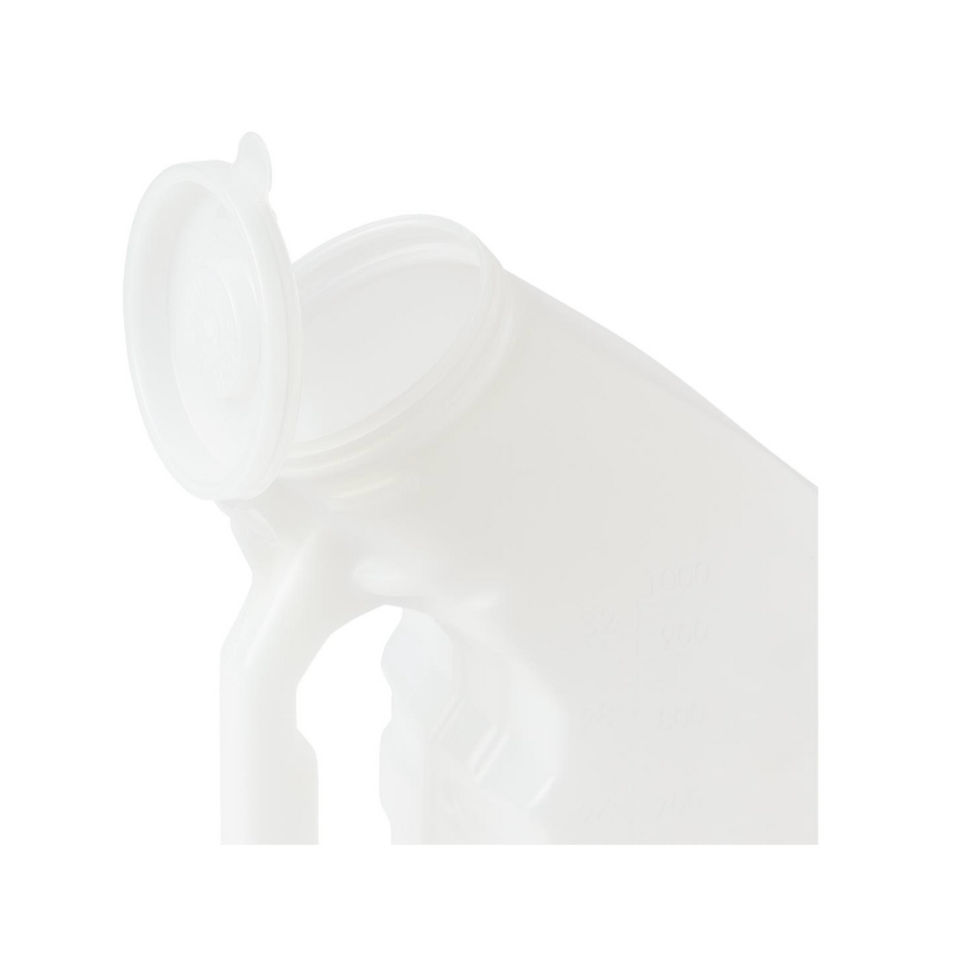 The Medline Portable Male Urinals with Splash-Proof Lid is shown partially open on a white background. Its translucent bottle, handle, and volume markings are visible, making it a convenient choice for bedside use.