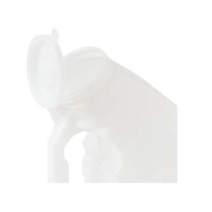 The Medline Portable Male Urinals with Splash-Proof Lid is shown partially open on a white background. Its translucent bottle, handle, and volume markings are visible, making it a convenient choice for bedside use.
