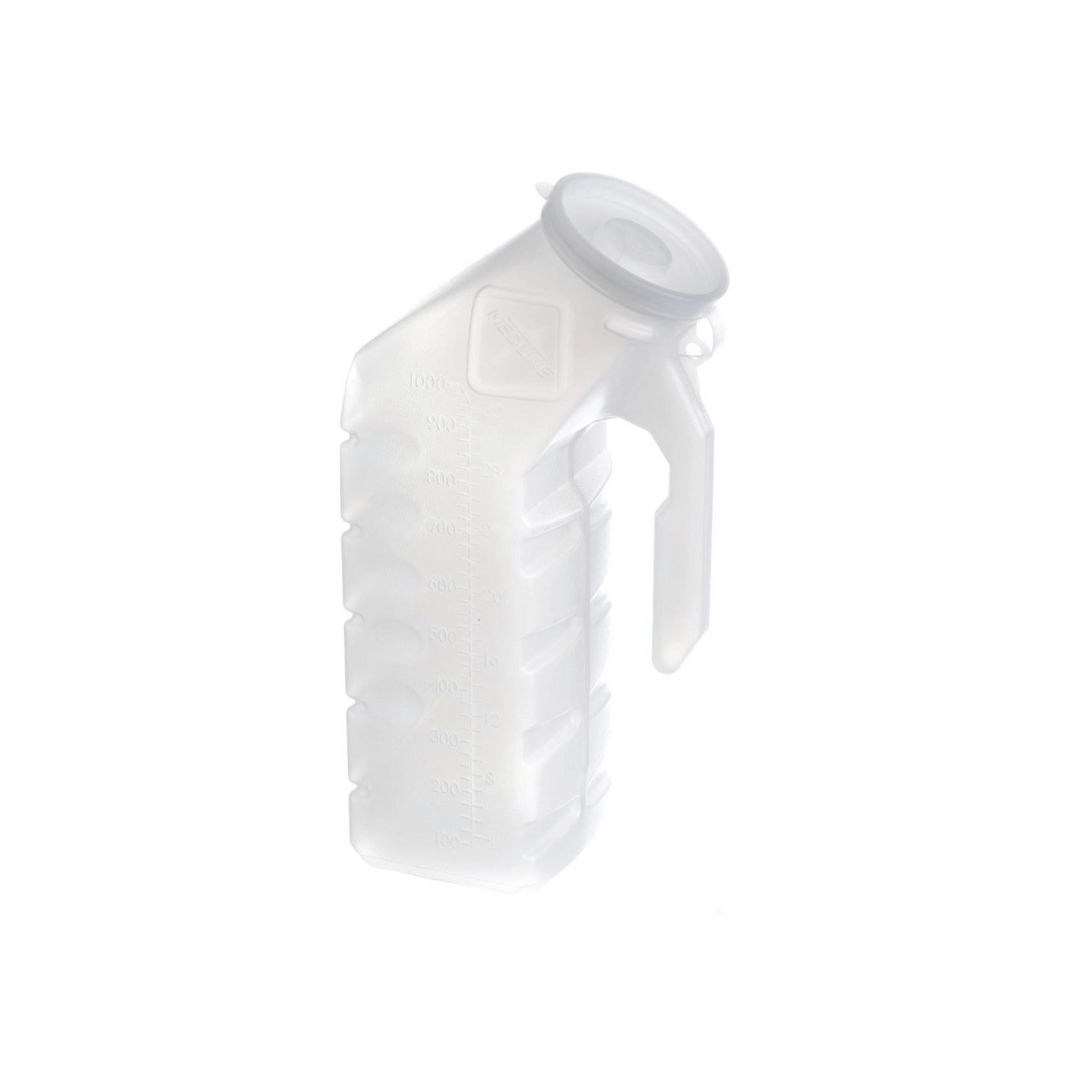 The Medline Portable Male Urinals with Splash-Proof Lid features a translucent plastic body with handle, gray cap, and measurement markings—ideal for convenient bedside use, shown against a white background.