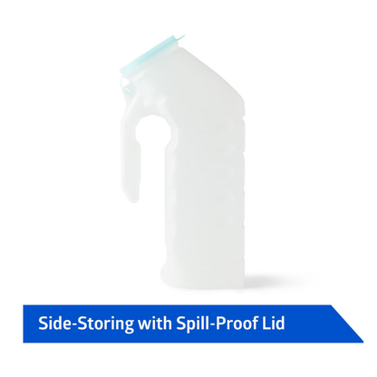 The Medline Portable Male Urinals with Splash-Proof Lid is a translucent bottle with handle and blue spill-proof lid, shown upright. Perfect for bedside use, it has a blue banner at the bottom that says "Side-Storing with Spill-Proof Lid.