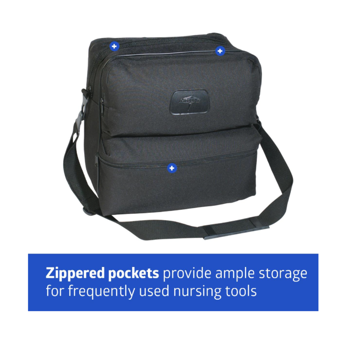 Medline Medical Nurse Bag with 4 pockets features multiple zippered compartments and an adjustable shoulder strap. Caption: Four zippered pockets provide ample storage for your essential nursing tools.