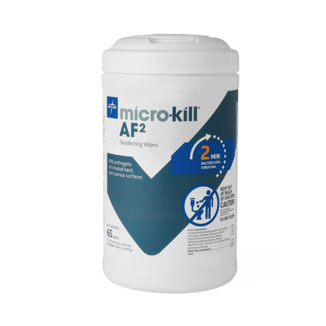 A white canister of Medline Micro-Kill AF2 Disinfectant Wipes with blue/gray label and a bold 2 min icon, containing 65 wipes for fast, effective cleaning against bacteria and viruses.