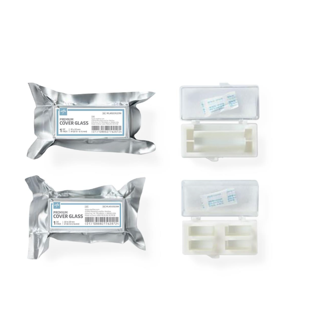 Two packs of Medline Microscope Slide Cover Glasses in silver packaging are displayed with their opened white plastic cases holding glass slides, all set on a white background—essential accessories for microscopes.