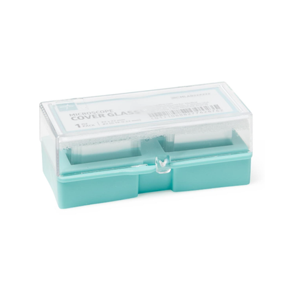A teal and clear plastic box with a white lid label holds Medline Microscope Slide Cover Glasses, displaying the product name and details.