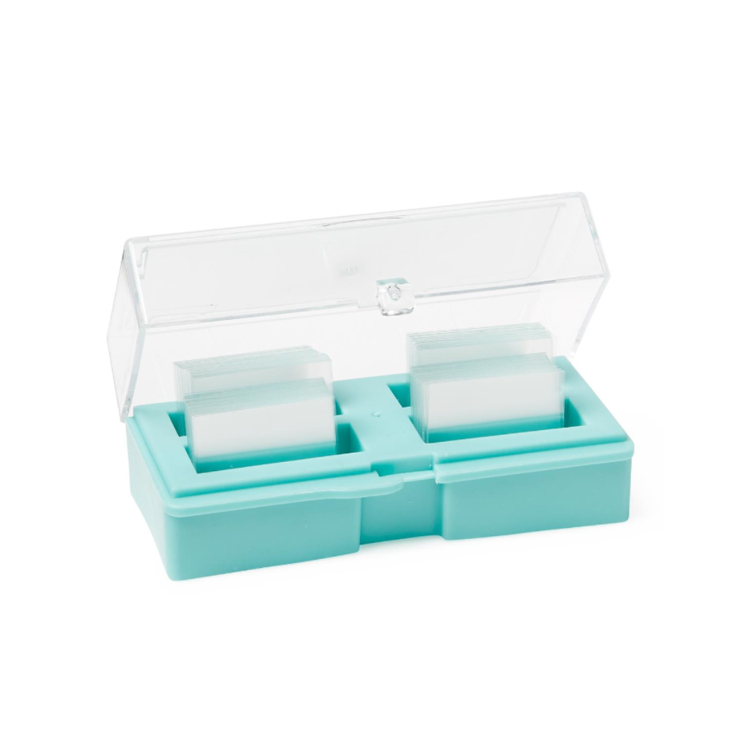 A turquoise plastic storage box with a transparent lid holds several clear glass microscope slides and Medline Microscope Slide Cover Glasses, neatly arranged in two compartments.