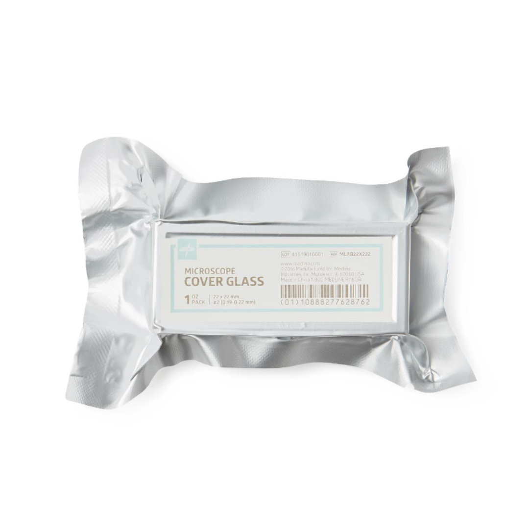 A sealed silver foil package holds a box labeled "Medline Microscope Slide Cover Glasses," displaying the product name, barcode, and details on the front.