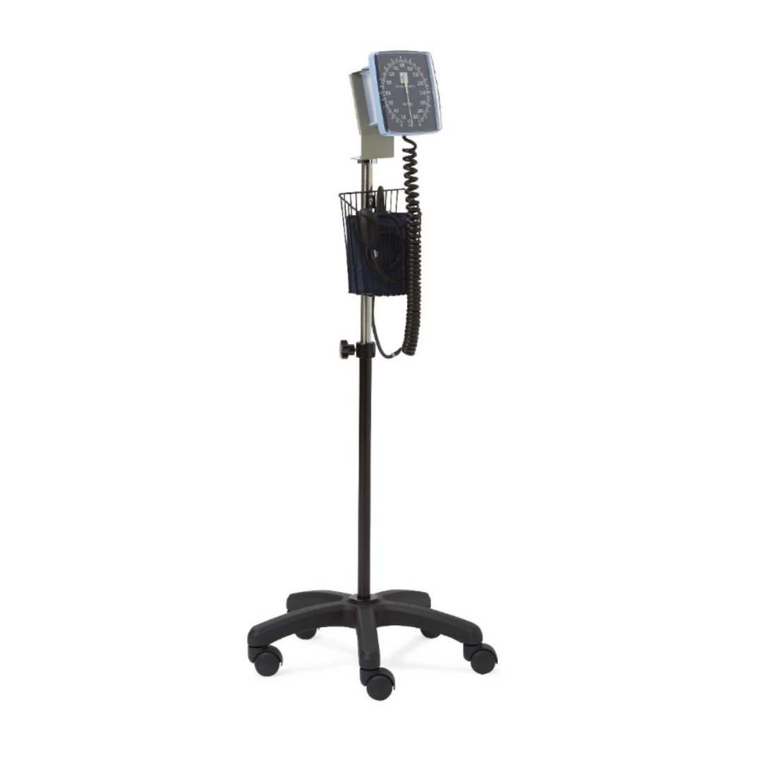 The Medline Mobile Aneroid Blood Pressure Monitor with Stand features a coiled tube, digital display, and a basket for the cuff, allowing convenient mobile monitoring on a wheeled stand.