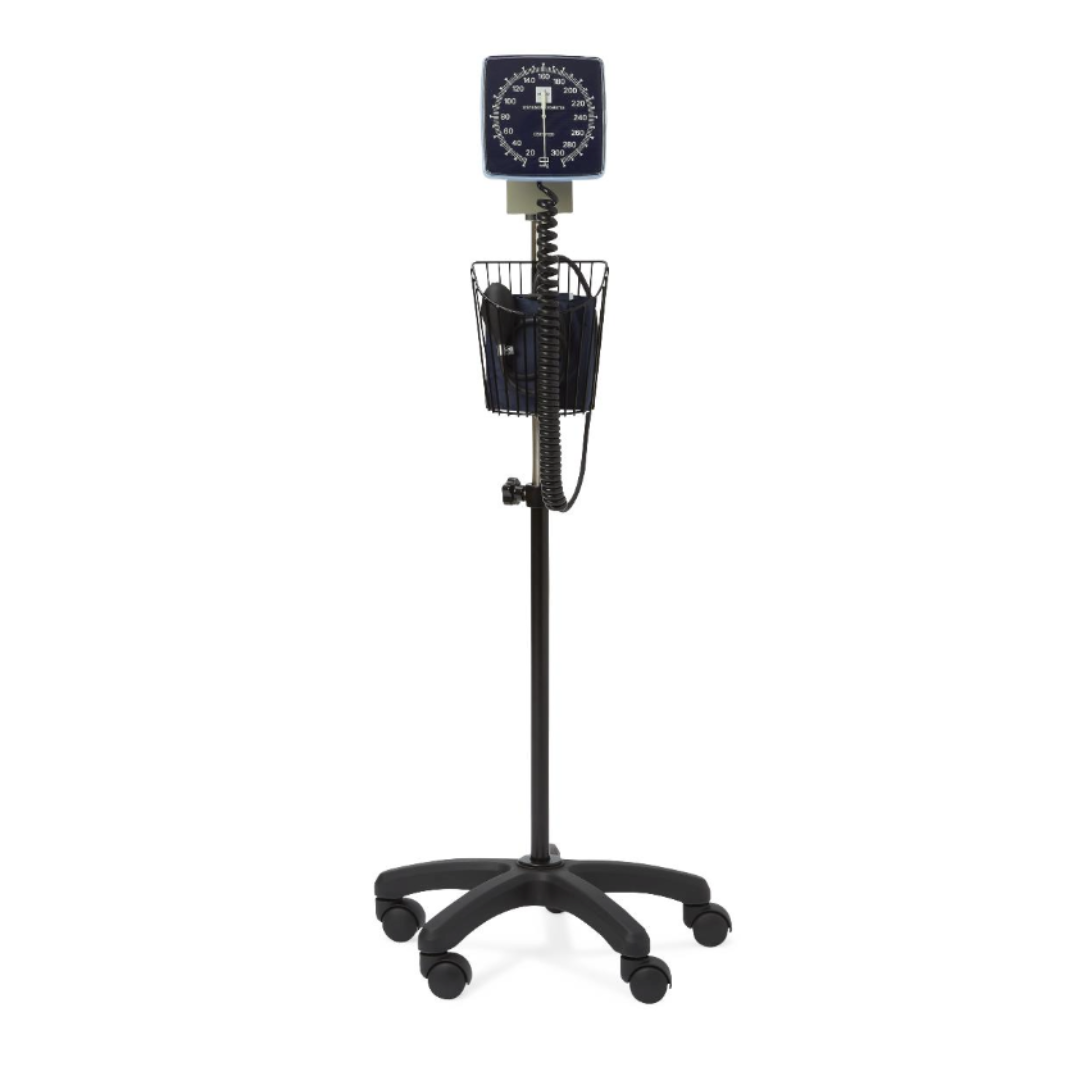 The Medline Mobile Aneroid Blood Pressure Monitor with Stand features a cuff, coiled tube, and large dial gauge, making it ideal for accurate blood pressure monitoring in medical settings.