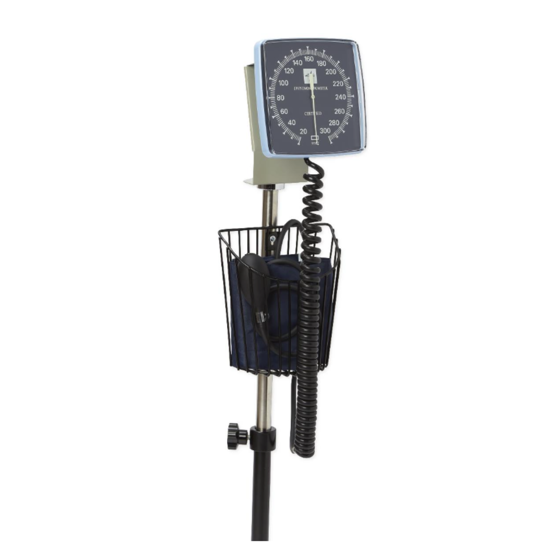 The Medline Mobile Aneroid Blood Pressure Monitor with Stand includes a black cuff, coiled tube, and a stand with wire basket for storage—providing convenient and accurate blood pressure monitoring.