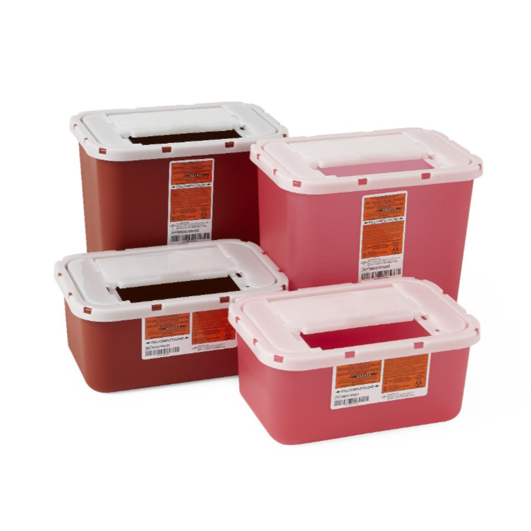 Four Medline Multipurpose Sharps Containers for safe sharps disposal—two red and two brown, each with white lids and orange warning labels—are arranged on a white background.