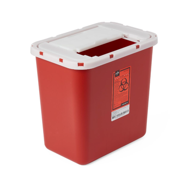 The Medline Multipurpose Sharps Containers feature a red body, white lid, rectangular opening, and front biohazard warning label, designed for safe sharps disposal in medical environments.