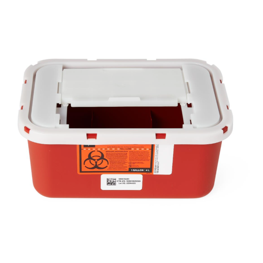 A red 1-gallon Medline Multipurpose Sharps Container with white lid and biohazard label, designed for safe disposal of needles and other sharps.
