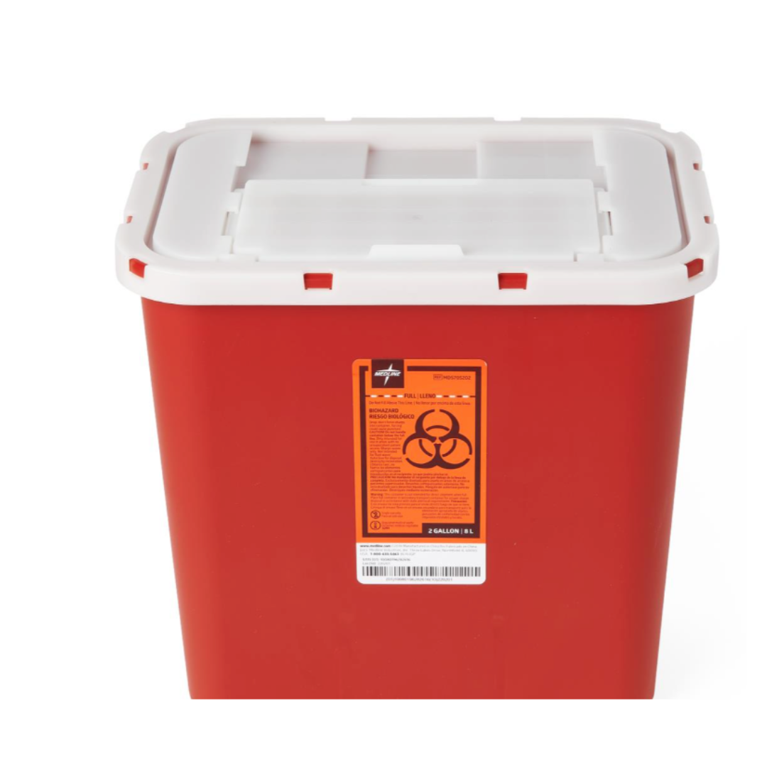 The Medline Multipurpose Sharps Container features a red body, white lid, and orange biohazard label, ensuring safe medical waste disposal and secure containment of sharps.
