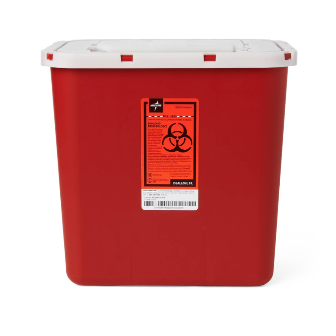 The Medline Multipurpose Sharps Container, featuring a red base, white lid, and biohazard symbol label on the front, ensures safe disposal of sharps.