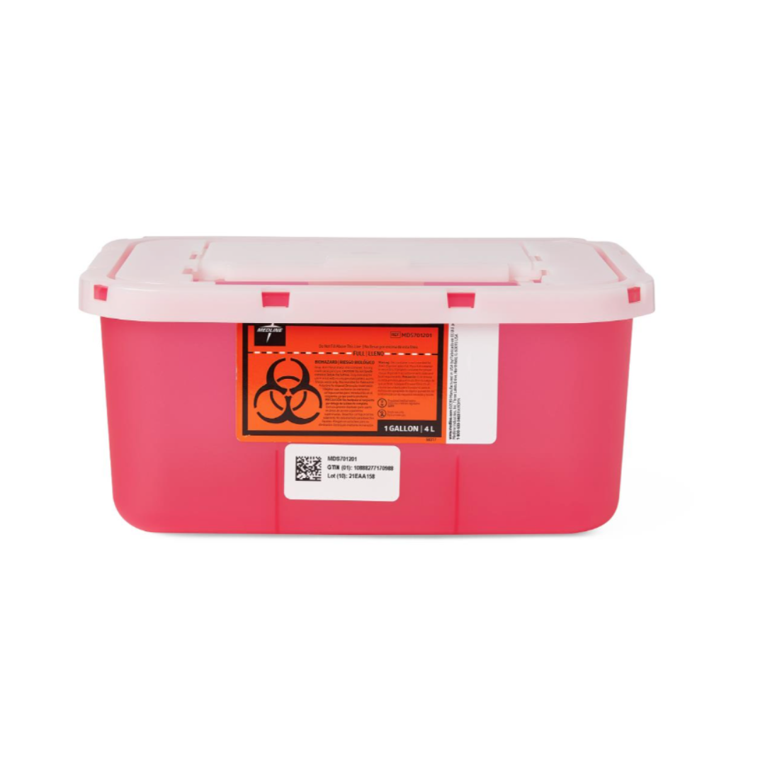 The Medline Multipurpose Sharps Container is a rectangular red plastic bin with a white lid and an orange biohazard label, designed for safe disposal of needles and other sharps in medical settings.
