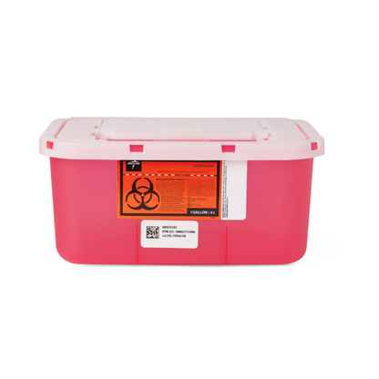 The Medline Multipurpose Sharps Container is a rectangular red plastic bin with a white lid and an orange biohazard label, designed for safe disposal of needles and other sharps in medical settings.