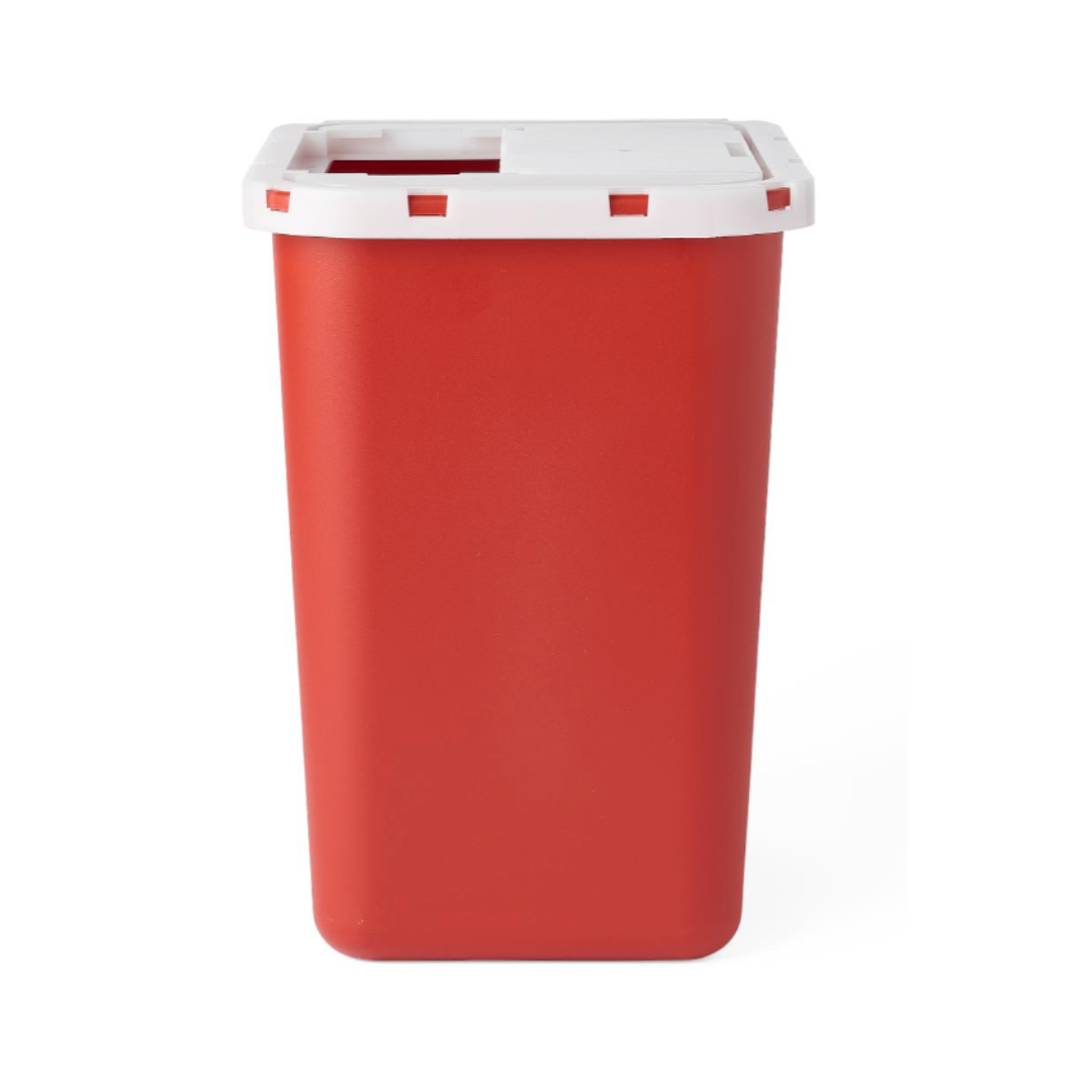 A red rectangular plastic bin with a white lid, the Medline Multipurpose Sharps Container ensures safe sharps disposal and helps maintain hygiene and safety in medical settings. Shown against a plain white background.