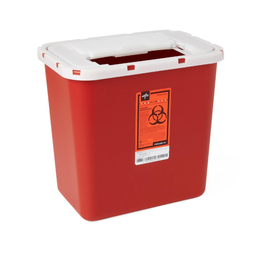 The Medline Multipurpose Sharps Container is a red plastic container with a white lid and an orange biohazard warning label, designed for safe medical waste disposal.