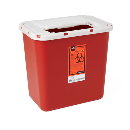The Medline Multipurpose Sharps Container is a red plastic container with a white lid and an orange biohazard warning label, designed for safe medical waste disposal.